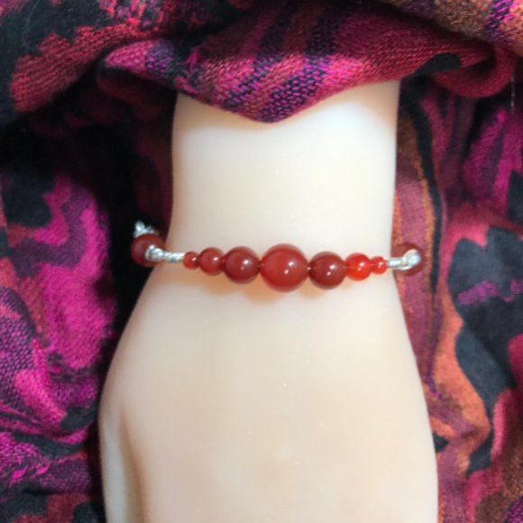 Red Agate Sterling Silver Bracelet- Red Agate Link and Bead Style Bracel… - Picture 3 of 7